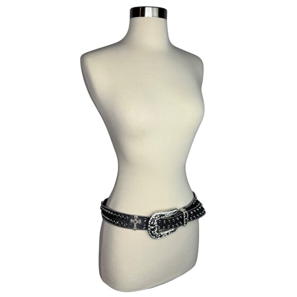 VTG Black Leather Belt Rhinestone Buckle and Crosses Witchy Goth Vampire Diaries - Picture 9 of 11